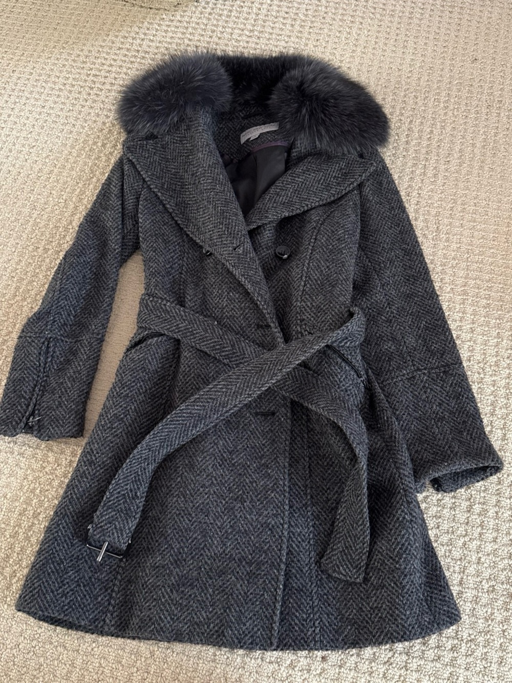 Marc Jacobs Charcoal Herringbone Wrap Pea Coat with Faux Fur Collar